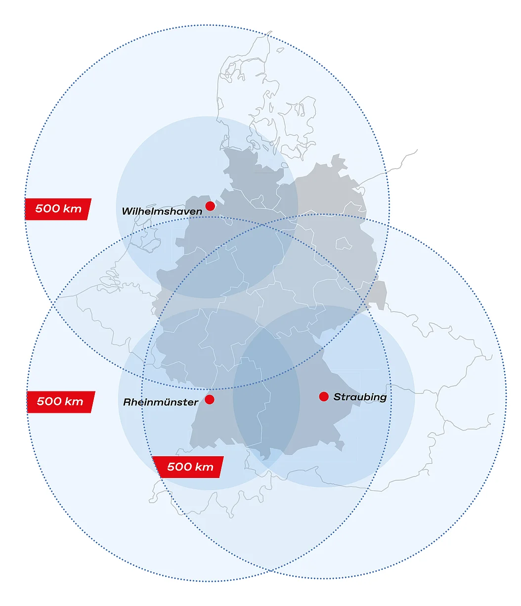 Eine Karte zeigt die drei Werftstandorte der DRF Aviation Services in Rheinmünster, Straubing und Wilhelmshaven.