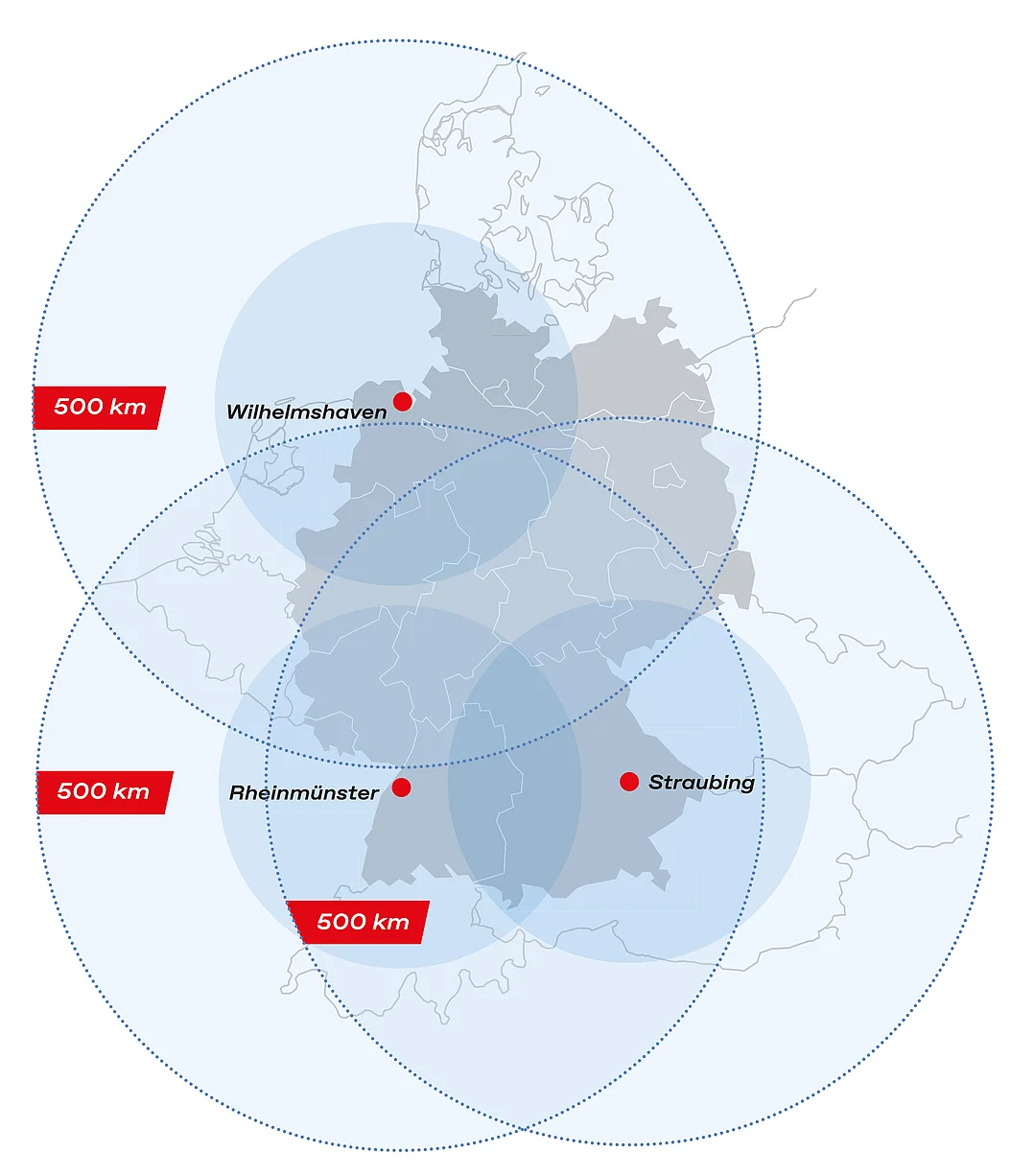 Eine Karte zeigt die drei Werftstandorte der DRF Aviation Services in Rheinmünster, Straubing und Wilhelmshaven.