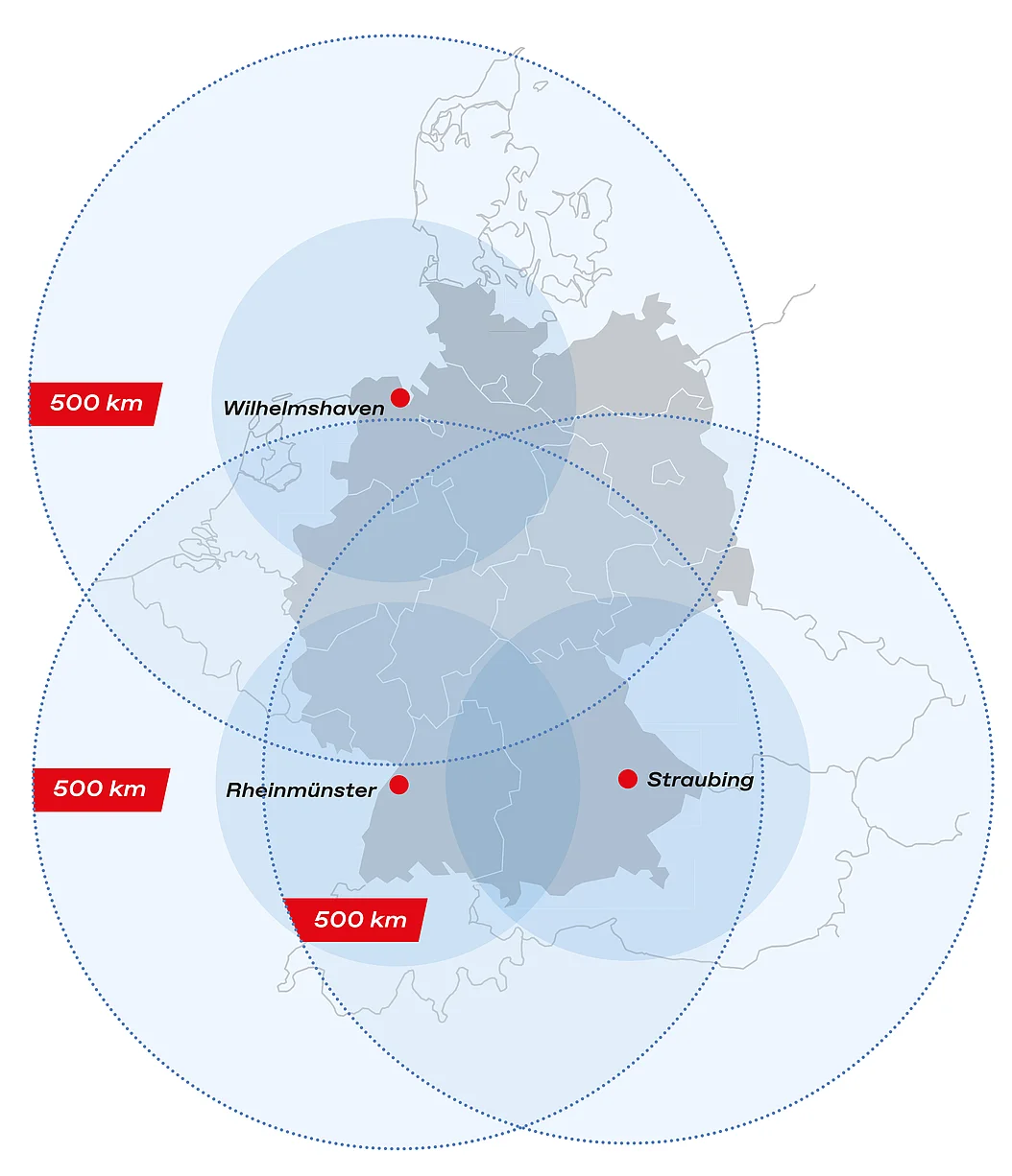 Eine Karte zeigt die drei Werftstandorte der DRF Aviation Services in Rheinmünster, Straubing und Wilhelmshaven.